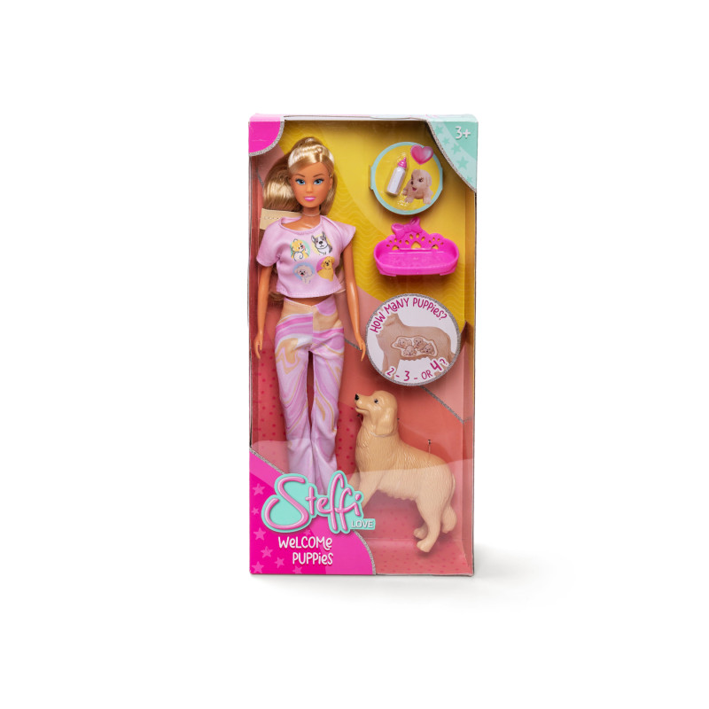 Steffi Love Puppe in rosa Schlafanzug mit Hund, Welpenbett und Zubehör in der "Welcome Puppies"-Box.