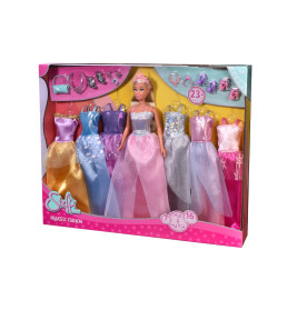 Steffi Love Princess Fashion Puppenset mit bunten Kleidern und Zubehör in einer Schachtel.