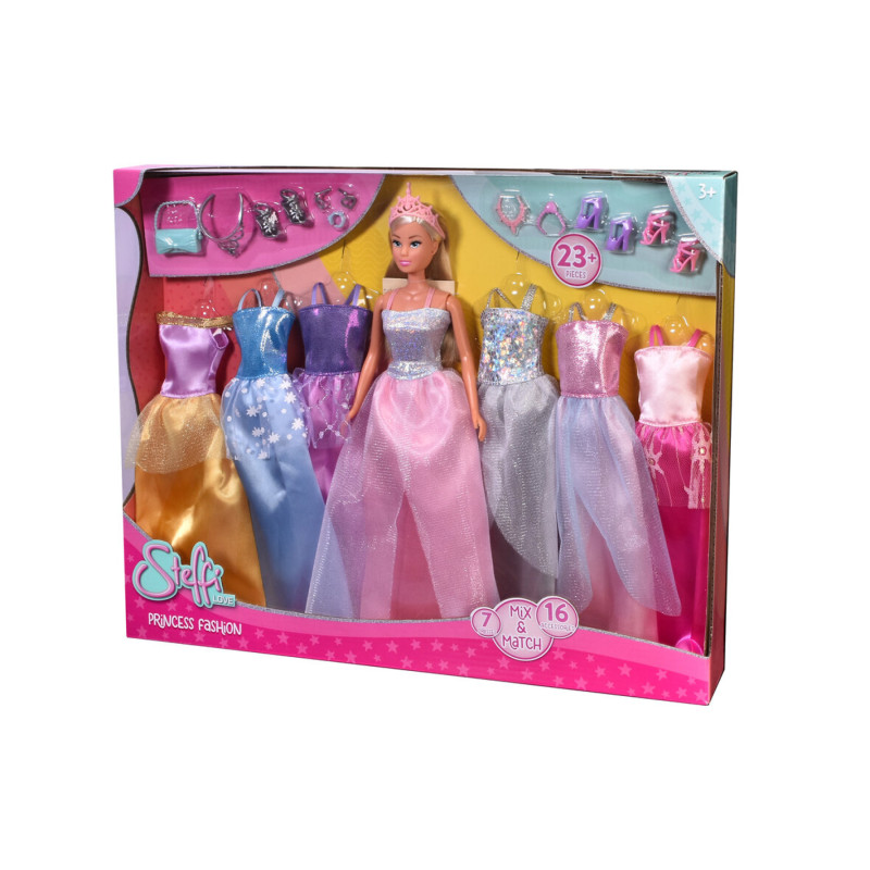 Steffi Love Princess Fashion Puppenset mit bunten Kleidern und Zubehör in einer Schachtel.