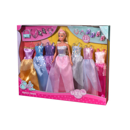 Steffi Love Princess Fashion Puppenset mit bunten Kleidern und Zubehör in einer Schachtel.