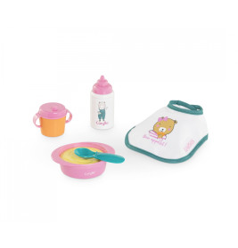 Babynahrungsset: Lätzchen, Schale, Löffel, Trinklernbecher und Flasche in Pastellfarben.