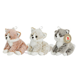 Drei Plüsch-Füchse in Braun, Creme und Grau sitzen nebeneinander, jeder mit einem Schlüsselanhänger versehen.