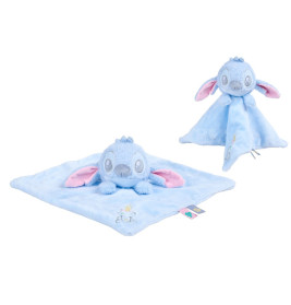 Zwei weiche blaue Stitch-Babyschmusetücher mit rosa Ohren: eines als Decke, eines als Kuscheltier.