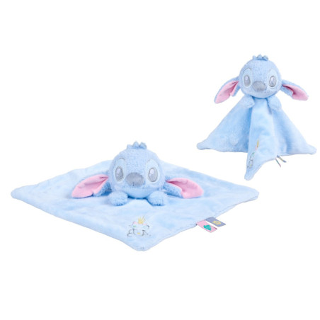Zwei weiche blaue Stitch-Babyschmusetücher mit rosa Ohren: eines als Decke, eines als Kuscheltier.