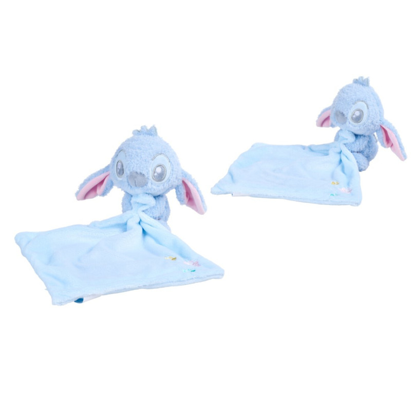 Zwei Plüschfiguren von Stitch halten blaue Decken und liegen getrennt auf weißem Hintergrund.