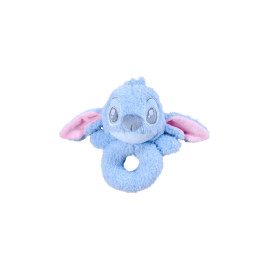 Weiches, blaues Babyrassel-Spielzeug in Form einer Figur mit großen Ohren und rosa Innenseiten.