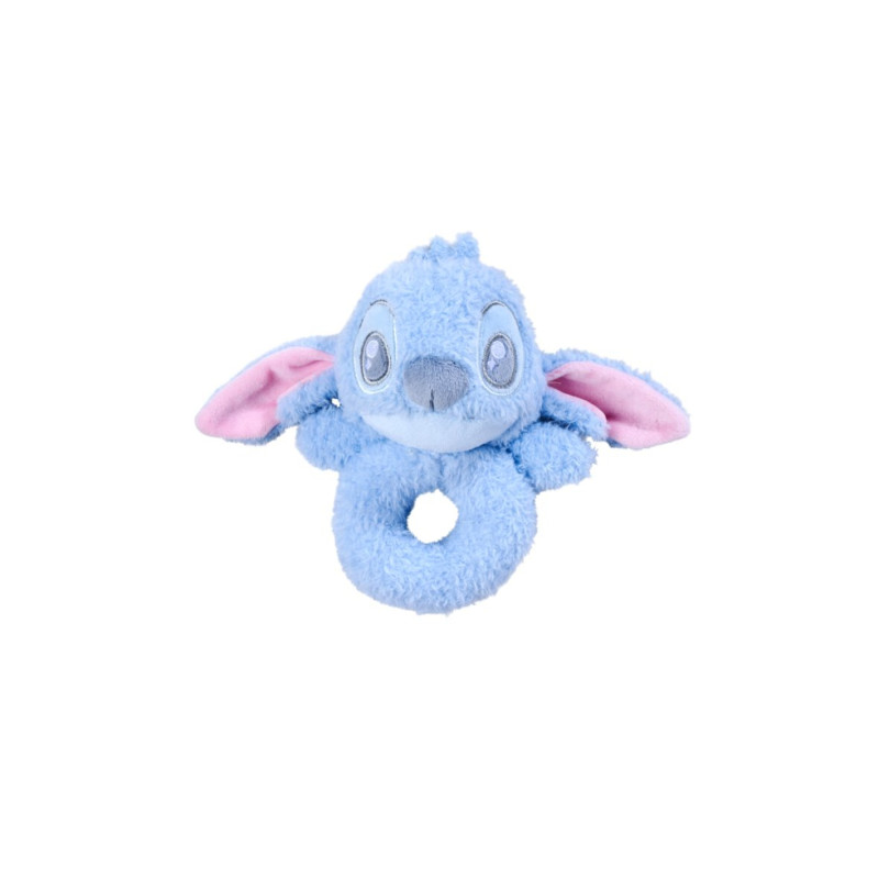 Weiches, blaues Babyrassel-Spielzeug in Form einer Figur mit großen Ohren und rosa Innenseiten.