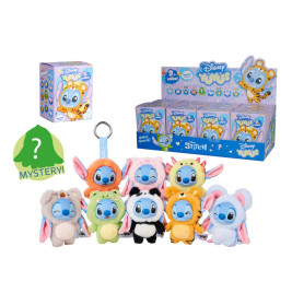 Neun Disney-Stitch-Plüschfiguren in Tierkostümen mit Displaybox und Symbol für eine geheimnisvolle Figur.