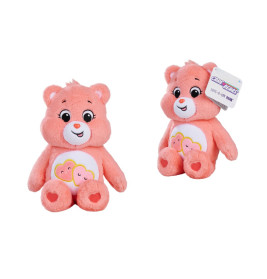 Zwei rosa Plüsch-Pflegebären mit Herz-Pfoten und Herz-Bauchmotiv, einer davon mit Etikett.