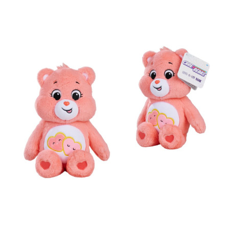 Zwei rosa Plüsch-Pflegebären mit Herz-Pfoten und Herz-Bauchmotiv, einer davon mit Etikett.