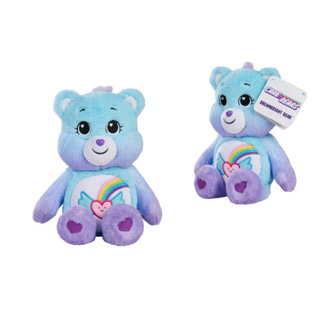 Blauer und lilafarbener Plüschbär mit Regenbogen und Herz auf dem Bauch, sitzend, trägt Care-Bears-Anhänger.