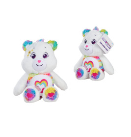 Zwei bunte Plüsch-Teddybären mit Herz-Nasen, farbigen Pfoten und einem Regenbogen auf dem Bauch.