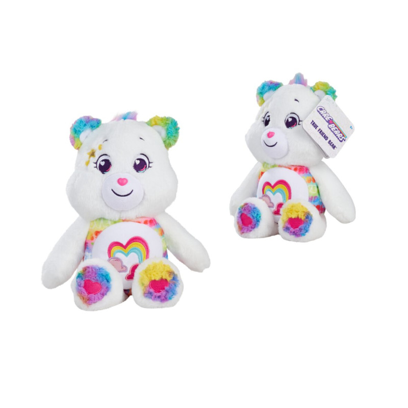 Zwei bunte Plüsch-Teddybären mit Herz-Nasen, farbigen Pfoten und einem Regenbogen auf dem Bauch.