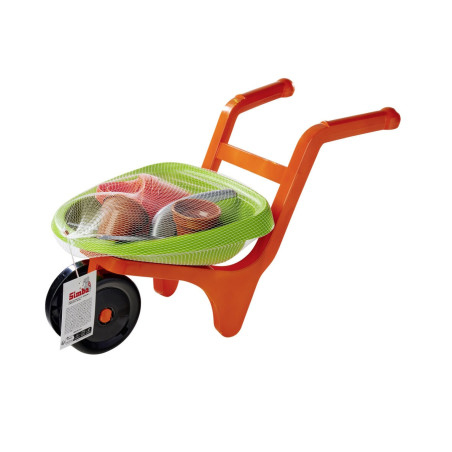 Orange Schubkarre mit grünem Behälter, darin Spielzeug-Gartengeräte, abgedeckt mit einem Netz.