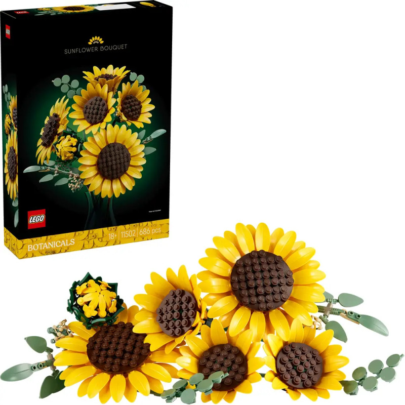 LEGO Sunflower Bouquet Set mit Verpackung, drei Sonnenblumen, Blättern und kleinem Zubehör ausgestellt.