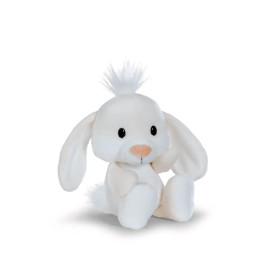 Weißes Plüschkaninchen mit Schlappohren, schwarzen Augen, rosa Nase und Fellbüschel sitzt aufrecht.