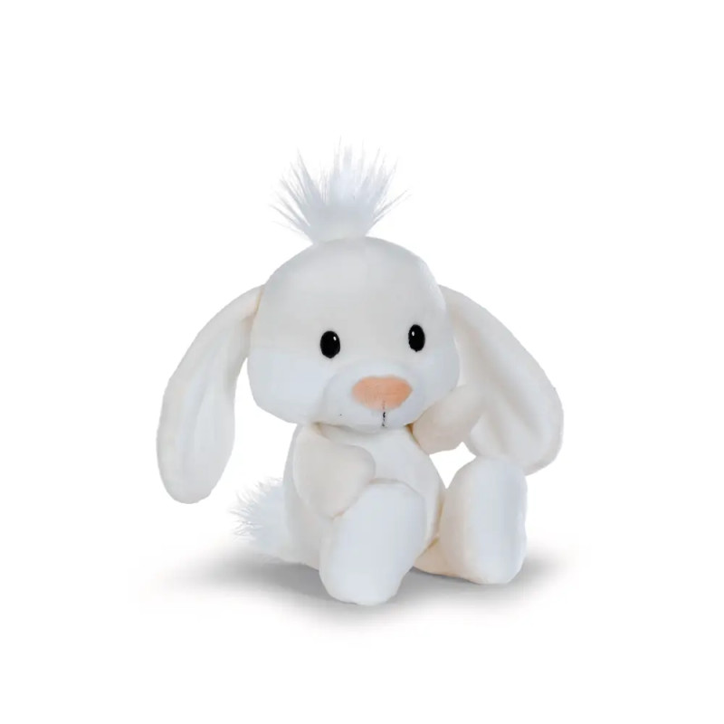 Weißes Plüschkaninchen mit Schlappohren, schwarzen Augen, rosa Nase und Fellbüschel sitzt aufrecht.