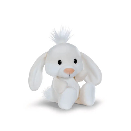 Weißes Plüschkaninchen mit Schlappohren, schwarzen Augen, rosa Nase und Fellbüschel sitzt aufrecht.