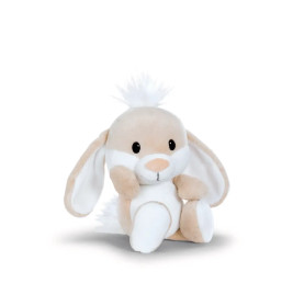 Plüschhase mit Schlappohren, beige-weißem Fell und weißem Schwanz sitzt aufrecht.