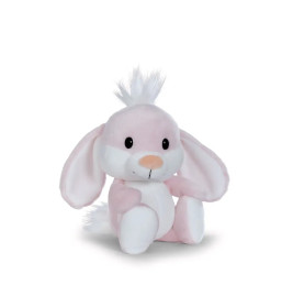 Ein rosa-weißes Plüschhäschen mit Schlappohren, schwarzen Augen und einem flauschigen Haarschopf auf dem Kopf.