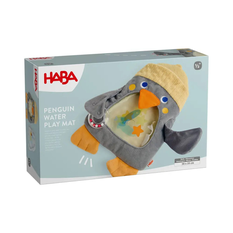 HABA Pinguin-Wasserspielmatte: weiche Matte in Pinguinform mit verschiedenen Sensorikelementen in der Box.