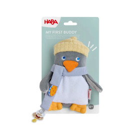 Plüschpinguin mit gelbem Hut und Schal in blauer My First Buddy HABA Verpackung, geeignet ab 0+ Monaten.