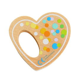 Herzförmiger Holz-Beißring mit bunten Punkten und einem großen ovalen Loch in der Mitte.