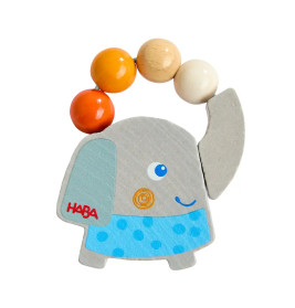 Holzrassel in Elefantenform mit bunten Perlen als Greif- und Schüttelschlaufe.