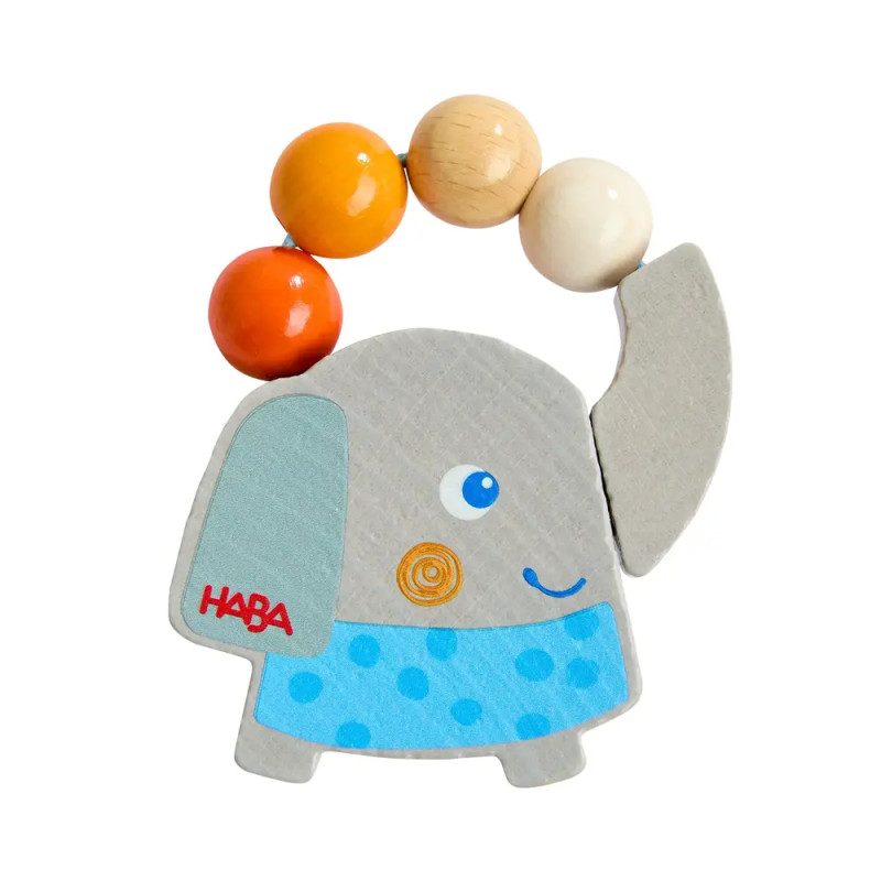 Holzrassel in Elefantenform mit bunten Perlen als Greif- und Schüttelschlaufe.