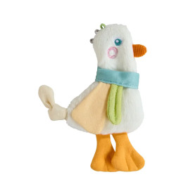 Plüschente mit orangefarbenem Schnabel, Füßen, blauem Schal und grünem Flügel vor weißem Hintergrund.