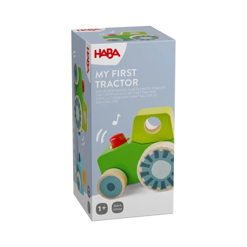 HABA Mein erster Traktor: Spielzeug ab 1 Jahr, grüner Holztraktor mit blauen Rädern in der Originalverpackung.