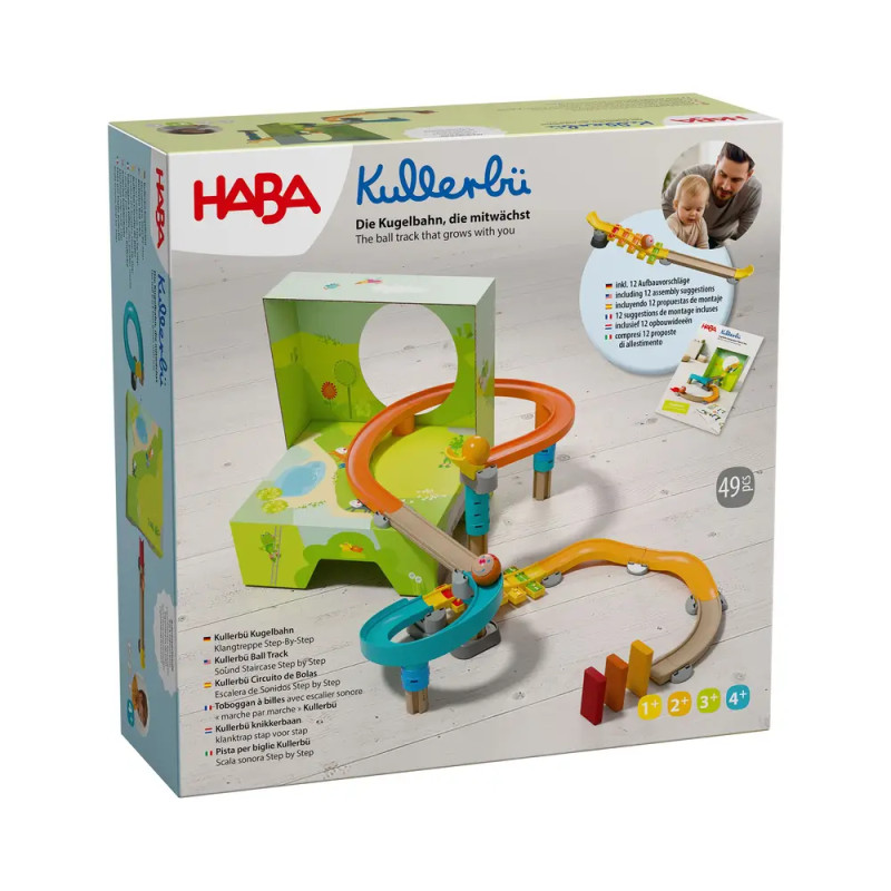 HABA Kullerbü Kugelbahn-Set mit bunten Schienenteilen, kindgerechtem Design, geeignet für Kinder von 2 bis 4 Jahren.