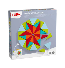 Schachtel des HABA Mosaic Triangles Spiels mit bunten Dreiecken, die kreisförmig angeordnet sind.