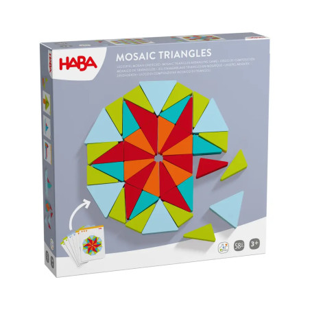 Schachtel des HABA Mosaic Triangles Spiels mit bunten Dreiecken, die kreisförmig angeordnet sind.
