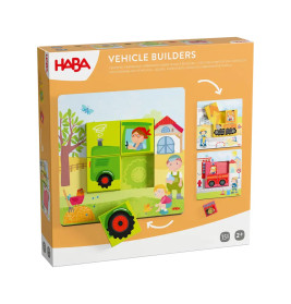 HABA Vehicle Builders Box mit bunten Fahrzeug-Motiven und Altersangabe 2+ auf der Verpackung.