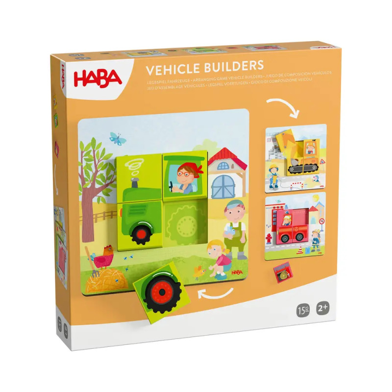 HABA Vehicle Builders Box mit bunten Fahrzeug-Motiven und Altersangabe 2+ auf der Verpackung.