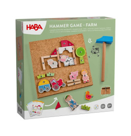 HABA Hammer-Spiel Bauernhof: Holzteile, Hammer und Korkplatte für Kinder ab 3 Jahren in der Verpackung.