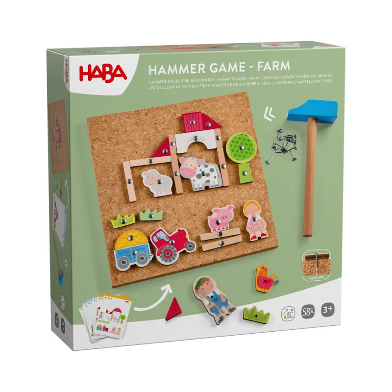 HABA Hammer-Spiel Bauernhof: Holzteile, Hammer und Korkplatte für Kinder ab 3 Jahren in der Verpackung.