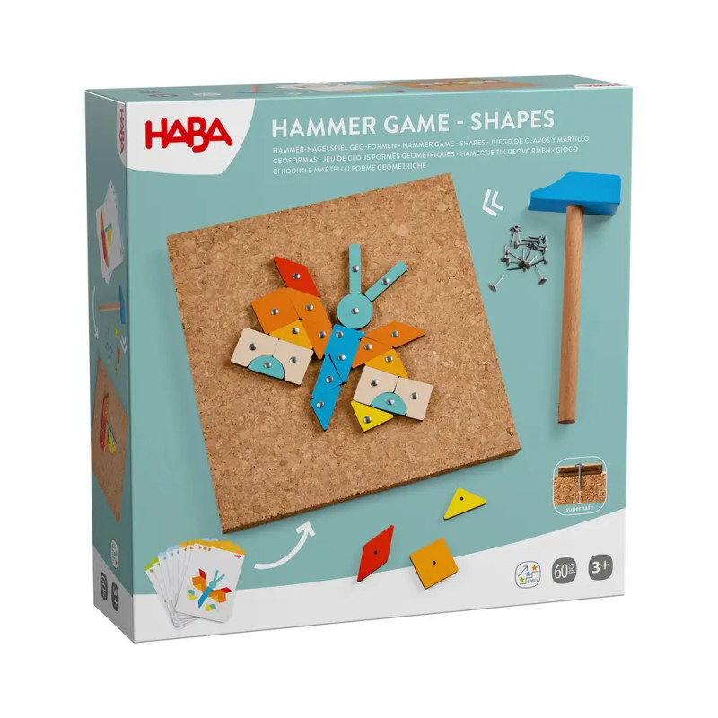 HABA Hammer-Spiel: Schachtel mit Korkplatte, bunten Formen, Karten, Nägeln und kleinem Holzhammer.