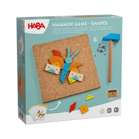 HABA Hammer-Spiel: Schachtel mit Korkplatte, bunten Formen, Karten, Nägeln und kleinem Holzhammer.