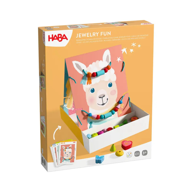 HABA Schmuck-Bastelset mit Lama, farbigen Perlen und Schmuckteilen für Kinder.