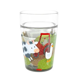 Klares Glas mit Abbildungen einer Kuh, einer Gans, einem roten Traktor und grünem Gras.