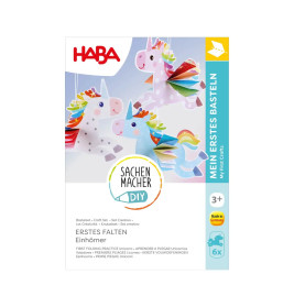 Box mit bunten Papier-Einhorn-Bastelsets, HABA Mein erstes Basteln: Faltübung Einhörner, ab 3 Jahren.