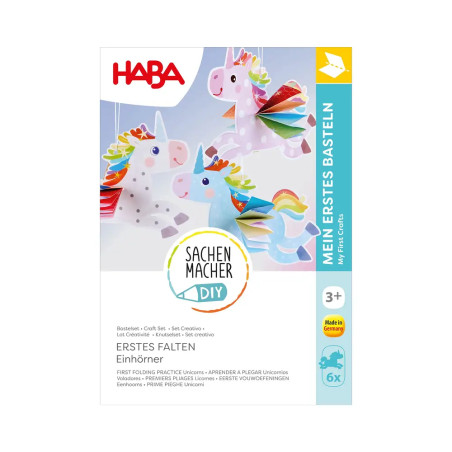 Box mit bunten Papier-Einhorn-Bastelsets, HABA Mein erstes Basteln: Faltübung Einhörner, ab 3 Jahren.