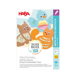 Bunte DIY-Bastelbox für Kinder mit Zeichnungen von Vogel, Eichhörnchen und Katze sowie Kritzelmustern.