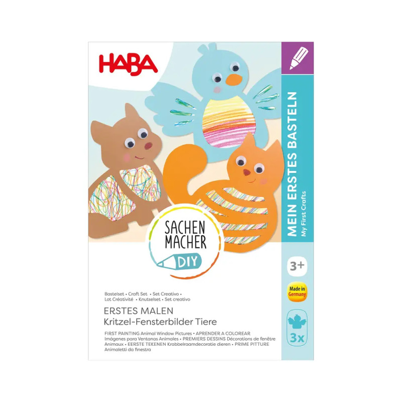 Bunte DIY-Bastelbox für Kinder mit Zeichnungen von Vogel, Eichhörnchen und Katze sowie Kritzelmustern.