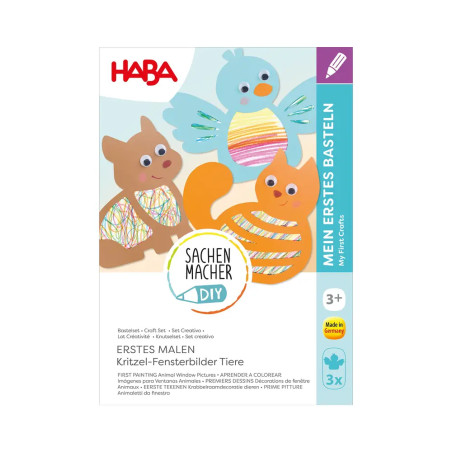 Bunte DIY-Bastelbox für Kinder mit Zeichnungen von Vogel, Eichhörnchen und Katze sowie Kritzelmustern.