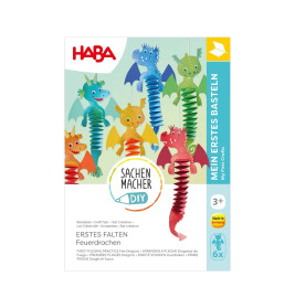 Bunte Bastelbox für Papierdrachen ab 3 Jahren, mit fünf fertigen Drachenmodellen auf der Vorderseite.