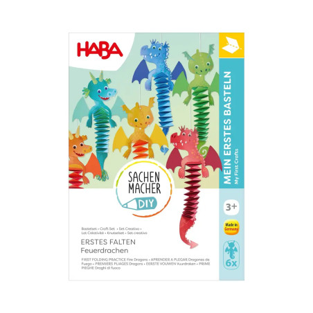 Bunte Bastelbox für Papierdrachen ab 3 Jahren, mit fünf fertigen Drachenmodellen auf der Vorderseite.