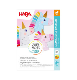 Bastelset-Box mit drei pastellfarbenen Einhörnern, Scherensymbol, HABA-Logo geeignet ab 3 Jahren.